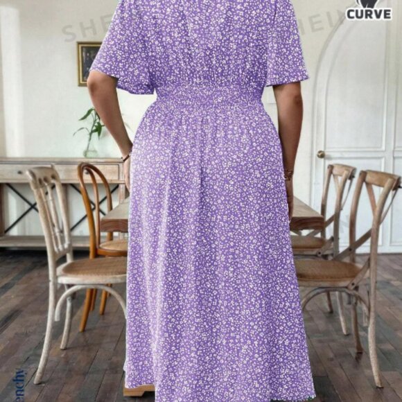 New SHEIN Frenchy Plus Size Floral Print Split V-Neck Cinching Waist Dress - Picture 2 of 4